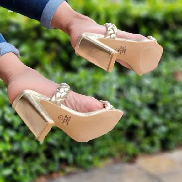 Women's Gold Double Braided Square Toe Mule Heel Sandal‎