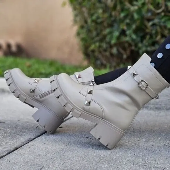 Women's Grey Pyramid Stud Ankle Combat Boot
