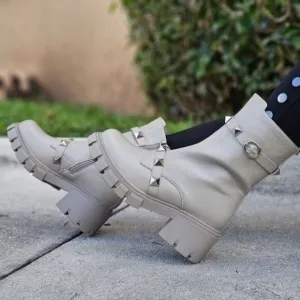 Women's Grey Pyramid Stud Ankle Combat Boot
