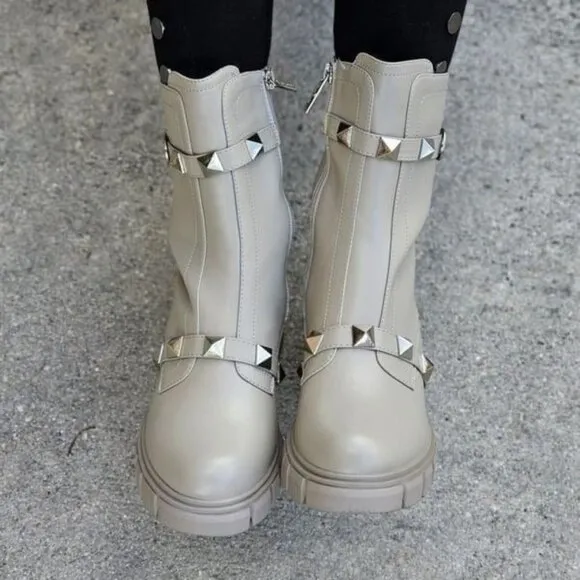 Women's Grey Pyramid Stud Ankle Combat Boot