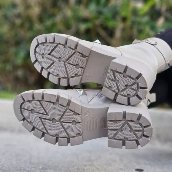 Women's Grey Pyramid Stud Ankle Combat Boot