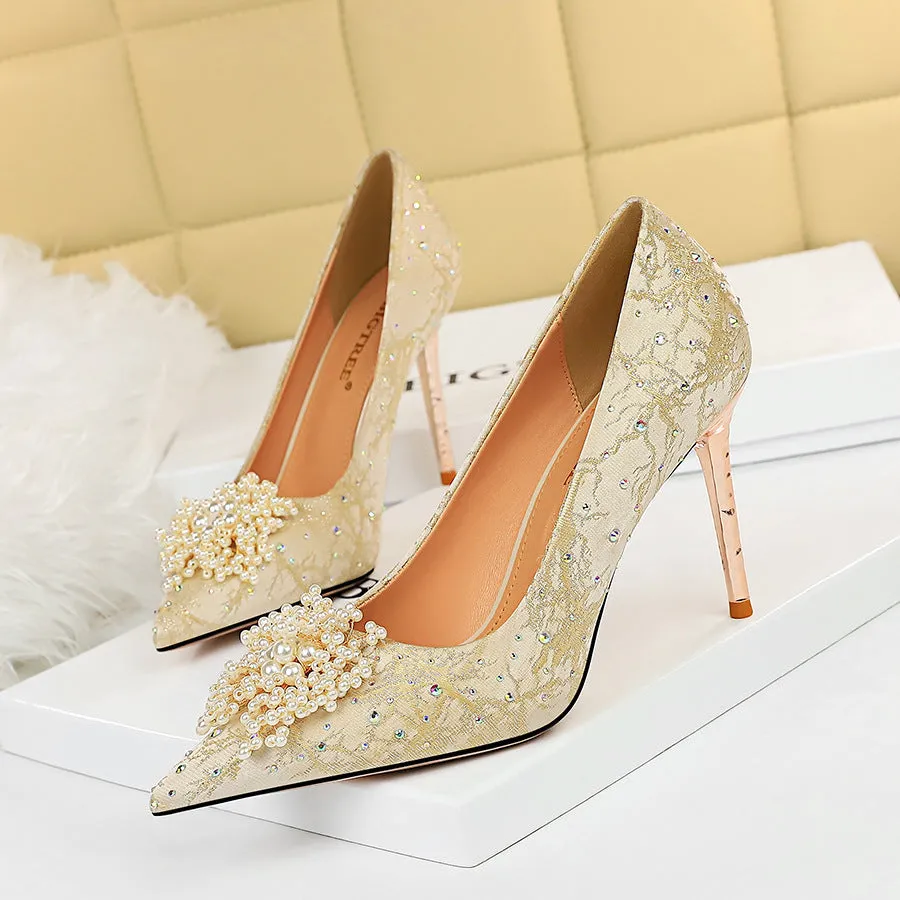 Women's High Heel Pointed Toe Pearl Flower Rhinestone Shoes
