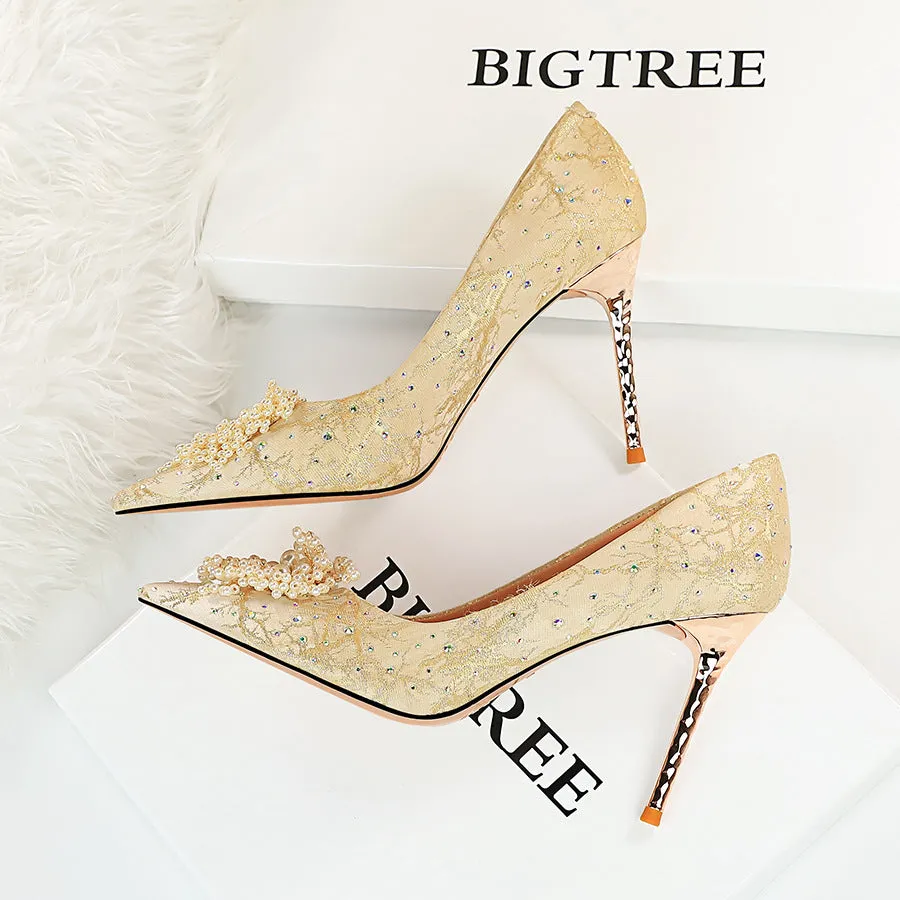Women's High Heel Pointed Toe Pearl Flower Rhinestone Shoes