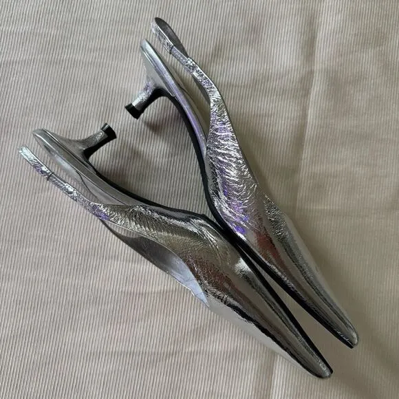 Womens Jeffrey Campbell Persona Slingback Pump Silver Pointy Kitten Heel New 8