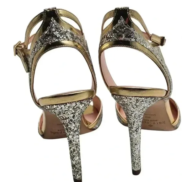 Women's - Kate Spade Gold and Silver Glitter Open Toe Heels, Size 9
