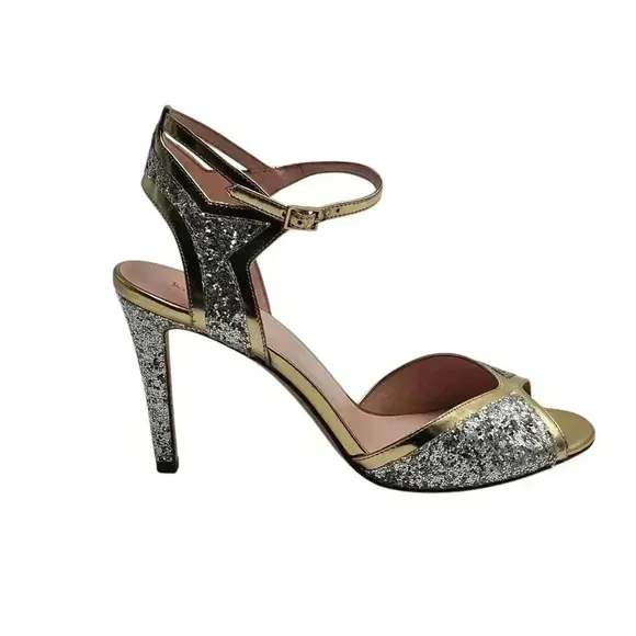 Women's - Kate Spade Gold and Silver Glitter Open Toe Heels, Size 9