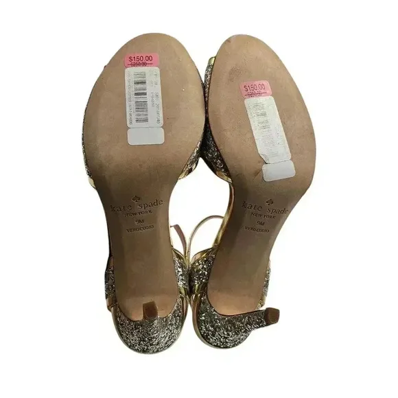 Women's - Kate Spade Gold and Silver Glitter Open Toe Heels, Size 9