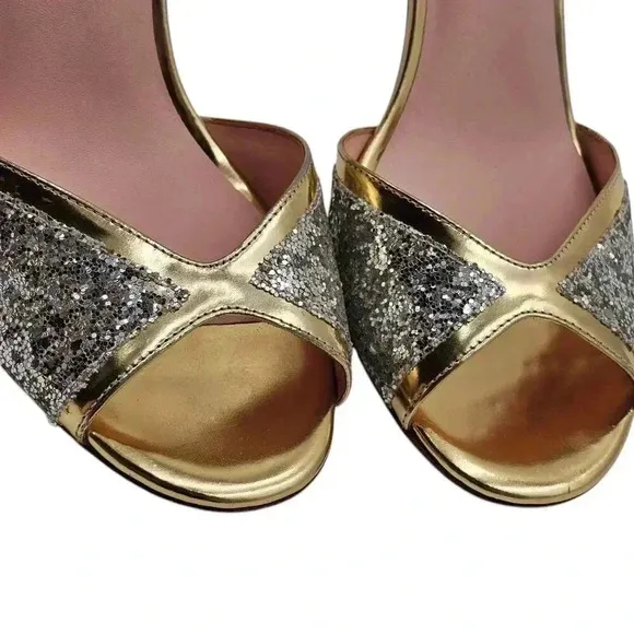 Women's - Kate Spade Gold and Silver Glitter Open Toe Heels, Size 9