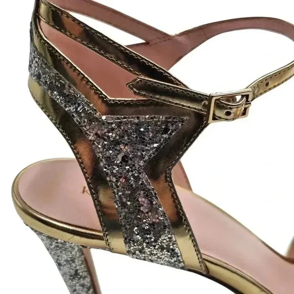 Women's - Kate Spade Gold and Silver Glitter Open Toe Heels, Size 9