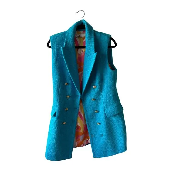 Women’s L Zara Turquoise Jewel Button Waistcoat Dress Long Vest New
