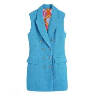 Women’s L Zara Turquoise Jewel Button Waistcoat Dress Long Vest New