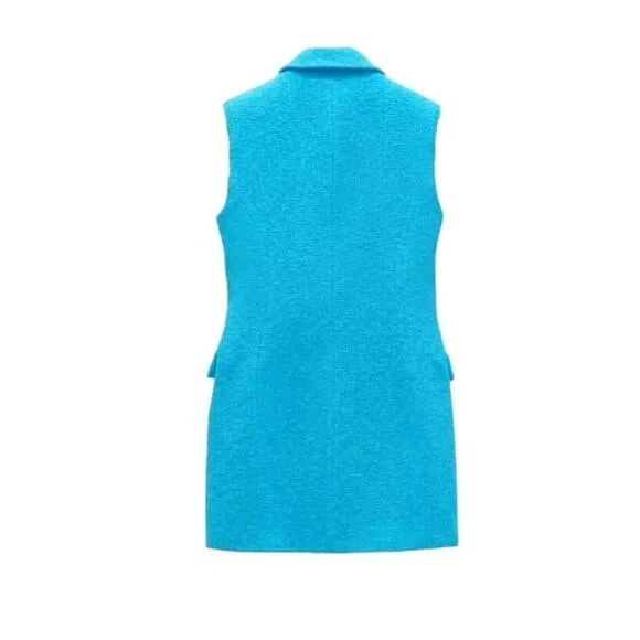 Women’s L Zara Turquoise Jewel Button Waistcoat Dress Long Vest New