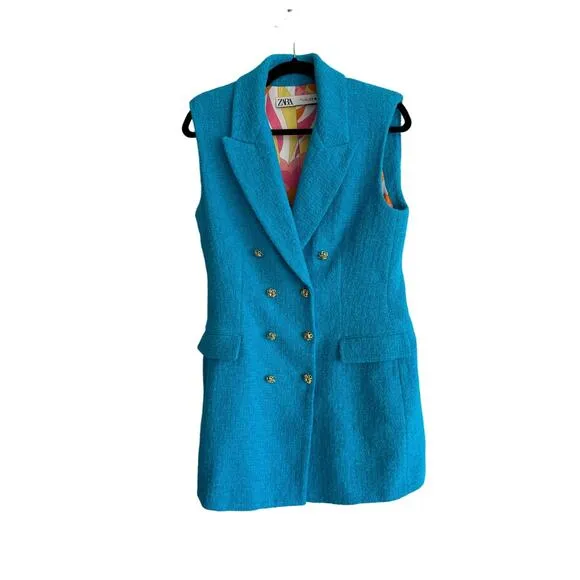 Women’s L Zara Turquoise Jewel Button Waistcoat Dress Long Vest New