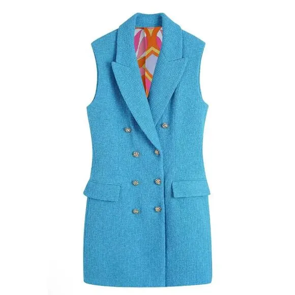 Women’s L Zara Turquoise Jewel Button Waistcoat Dress Long Vest New