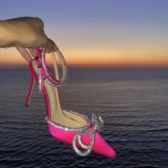Women’s Lace Up Mid Heel Pink Rhinestone Ankle Pump