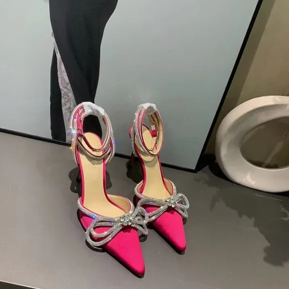 Women’s Lace Up Mid Heel Pink Rhinestone Ankle Pump