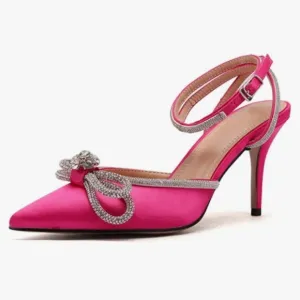 Women’s Lace Up Mid Heel Pink Rhinestone Ankle Pump