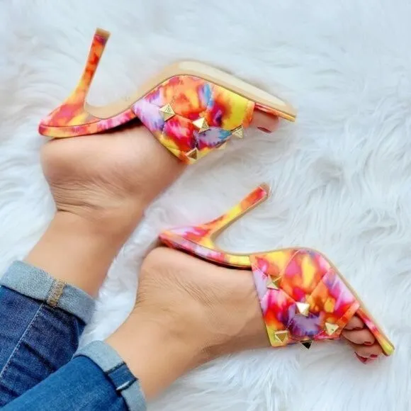 Women's Multi Color Roman Stud Quilted Slide High Heel Sandals