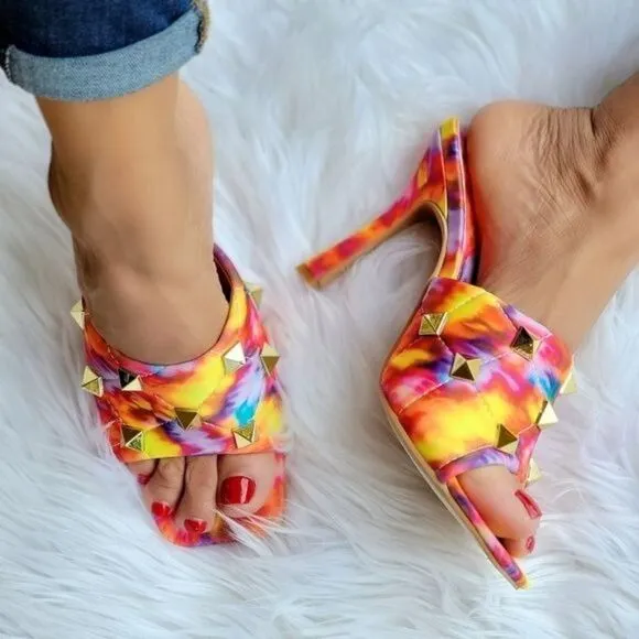 Women's Multi Color Roman Stud Quilted Slide High Heel Sandals
