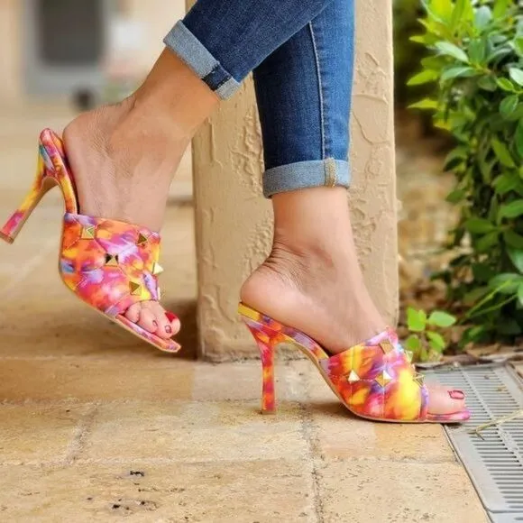 Women's Multi Color Roman Stud Quilted Slide High Heel Sandals