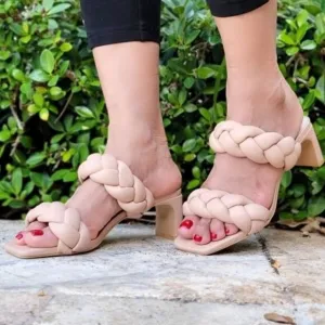 Women's Nude Double Braided‎ Square Toe Mule Low Heel Sandal