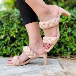 Women's Nude Double Braided Square Toe Mule Low Heel Sandal