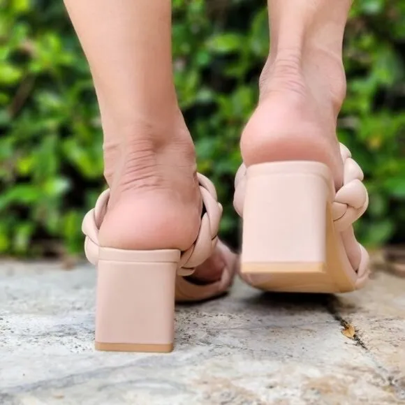 Women's Nude Double Braided Square Toe Mule Low Heel Sandal