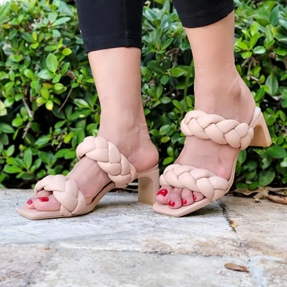 Women's Nude Double Braided Square Toe Mule Low Heel Sandal