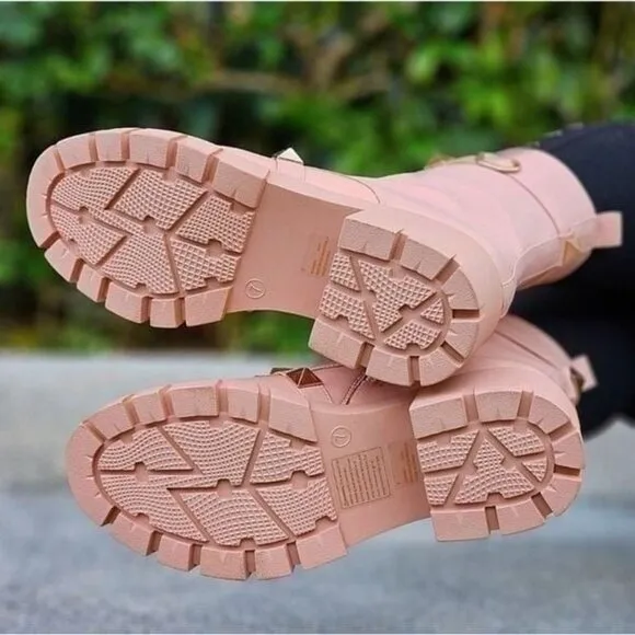 Women's Nude Pyramid Stud Ankle Combat Boot