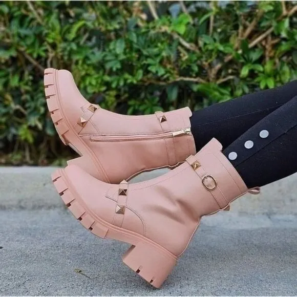 Women's Nude Pyramid Stud Ankle Combat Boot
