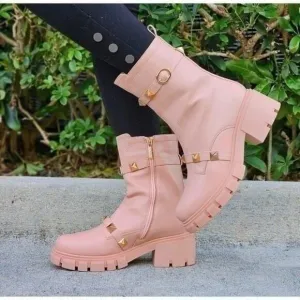 Women's Nude Pyramid Stud Ankle Combat Boot