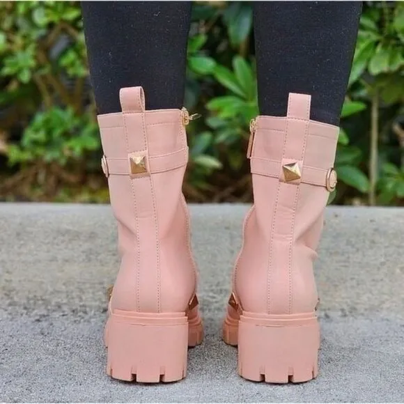 Women's Nude Pyramid Stud Ankle Combat Boot