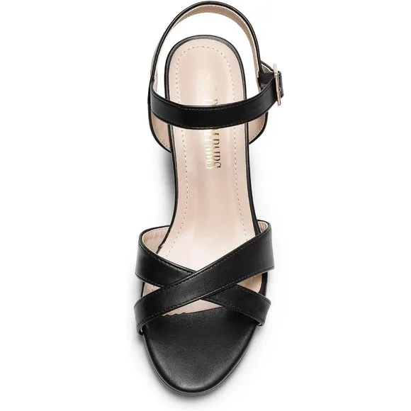 Women’s Open Toe Ankle Strap Sparkly Strappy Chunky Heel Pump Black Sandals