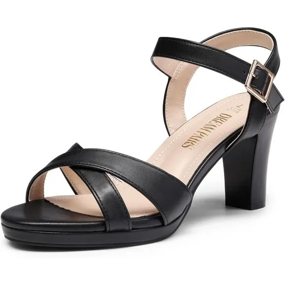 Women’s Open Toe Ankle Strap Sparkly Strappy Chunky Heel Pump Black Sandals
