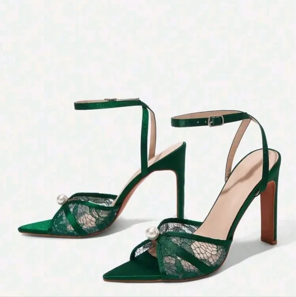 Women's Pearl-Embellished Pointed Toe Square Flat Heel High Heels,Elegant Lace
