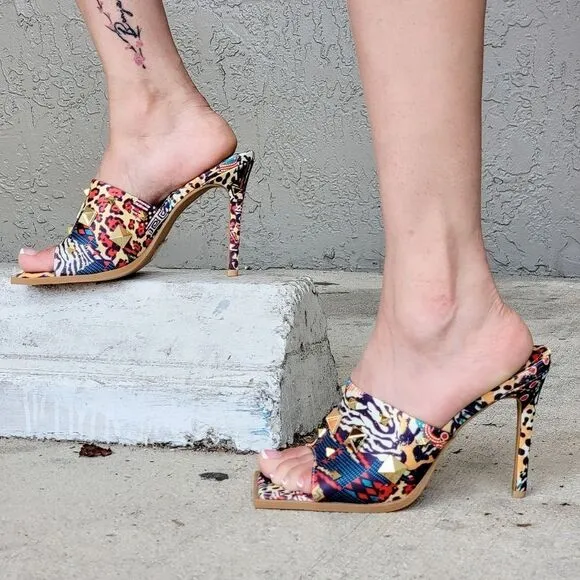 Women's Print Color Roman Stud Quilted Slide High Heel Sandals