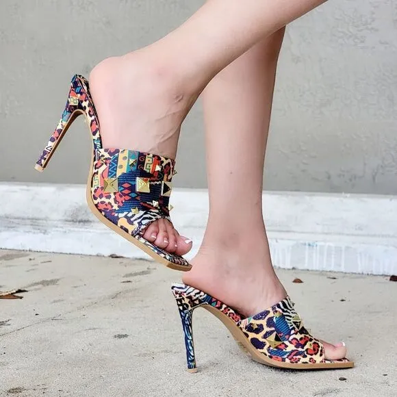 Women's Print Color Roman Stud Quilted Slide High Heel Sandals