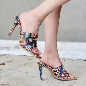 Women's Print Color Roman Stud Quilted Slide High Heel Sandals