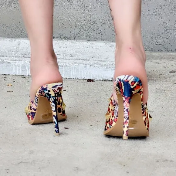 Women's Print Color Roman Stud Quilted Slide High Heel Sandals