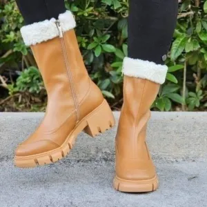 Women's Sherpa Faux Fur Ankle Boot Tan Color