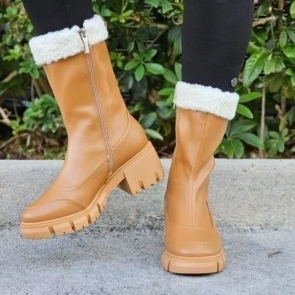 Women's Sherpa Faux Fur Ankle Boot Tan Color