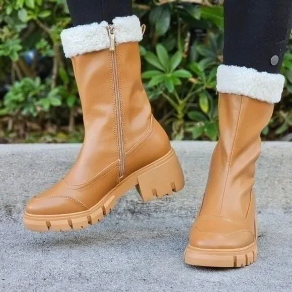 Women's Sherpa Faux Fur Ankle Boot Tan Color