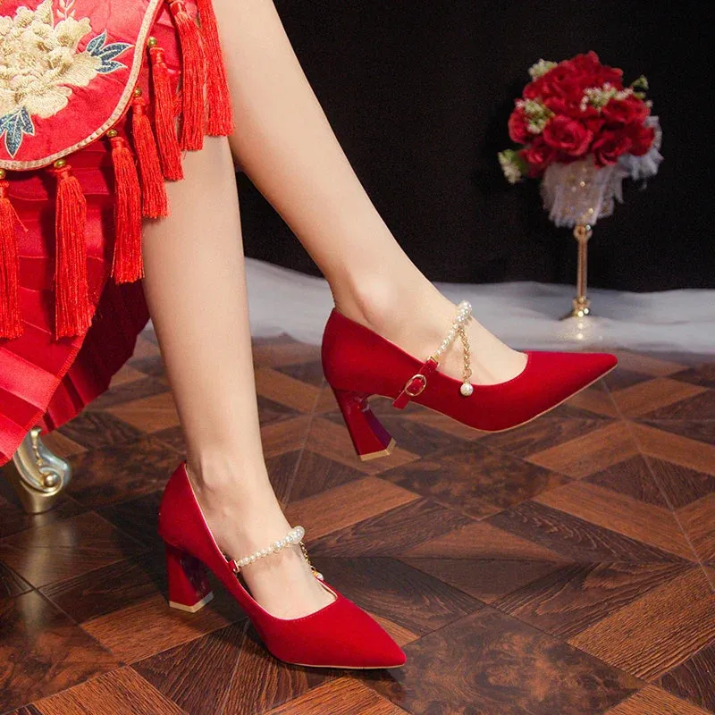 Women's Suede Pointed Toe High Heels – Elegant Embroidered Bridal & Banquet Pumps with Metal Detail