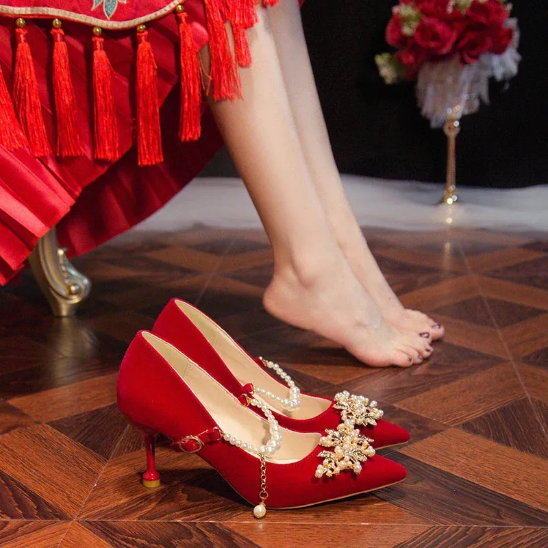 Women's Suede Pointed Toe High Heels – Elegant Embroidered Bridal & Banquet Pumps with Metal Detail