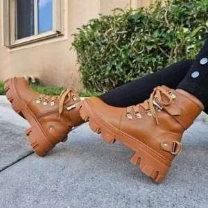 Womens Tan Combat Ankle Boots Lace Up Heeled