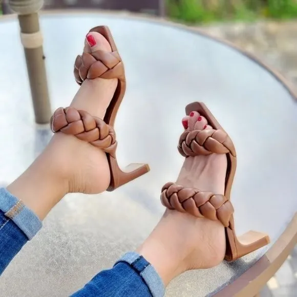Women's Tan Double Braided Square‎ Toe Mule Low Heel Sandal