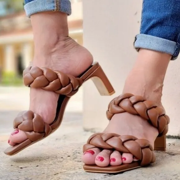 Women's Tan Double Braided Square‎ Toe Mule Low Heel Sandal