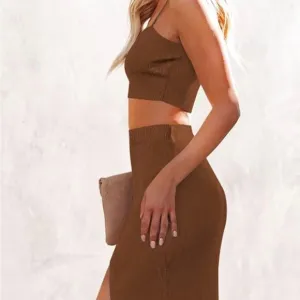 Women’s Two Piece Set Brown Dress Cami Top High Side Slit Bodycon Long S…