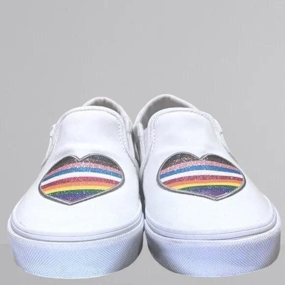 Women's Vans Asher Shoes Size 8 White Slip-on Glitter Heart Rainbow