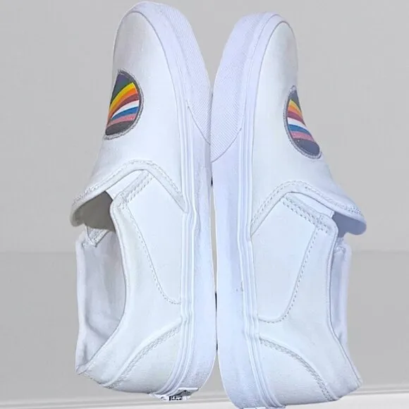 Women's Vans Asher Shoes Size 8 White Slip-on Glitter Heart Rainbow